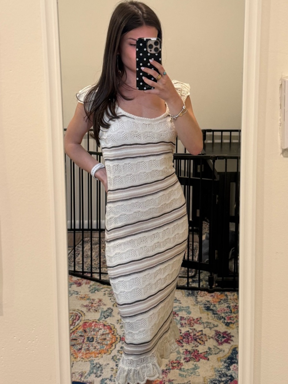 Sleeveless Cream Knit Maxi Dress with Brown & Black Stripes